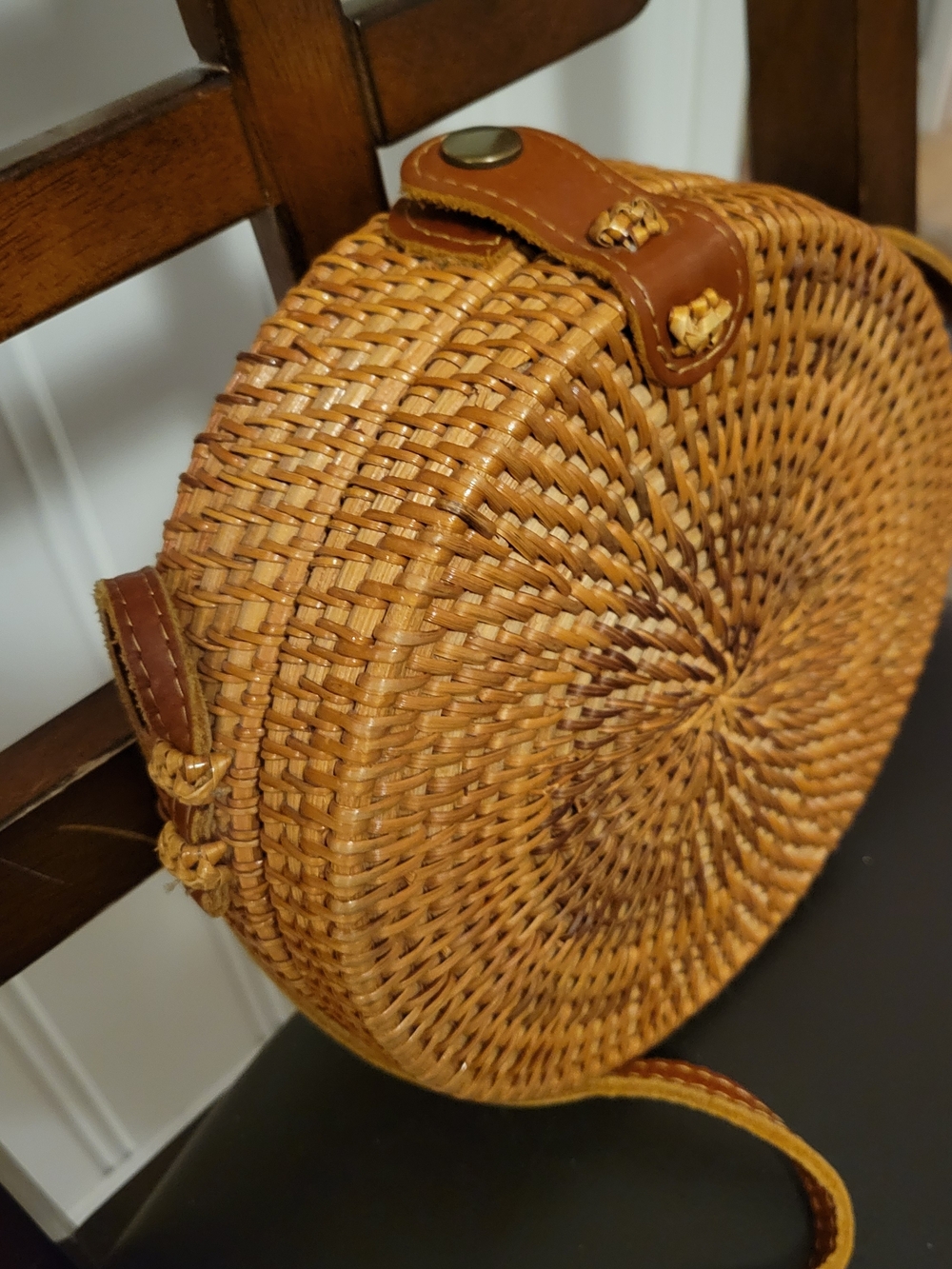 Woven Round Crossbody Bag in Tan/Leather Strap - Picture 1 of 6